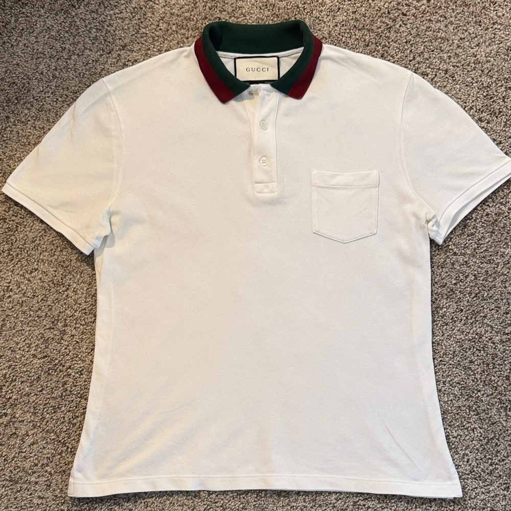 Mens Gucci Classic White Polo with Signature Red and Green Collar XL
